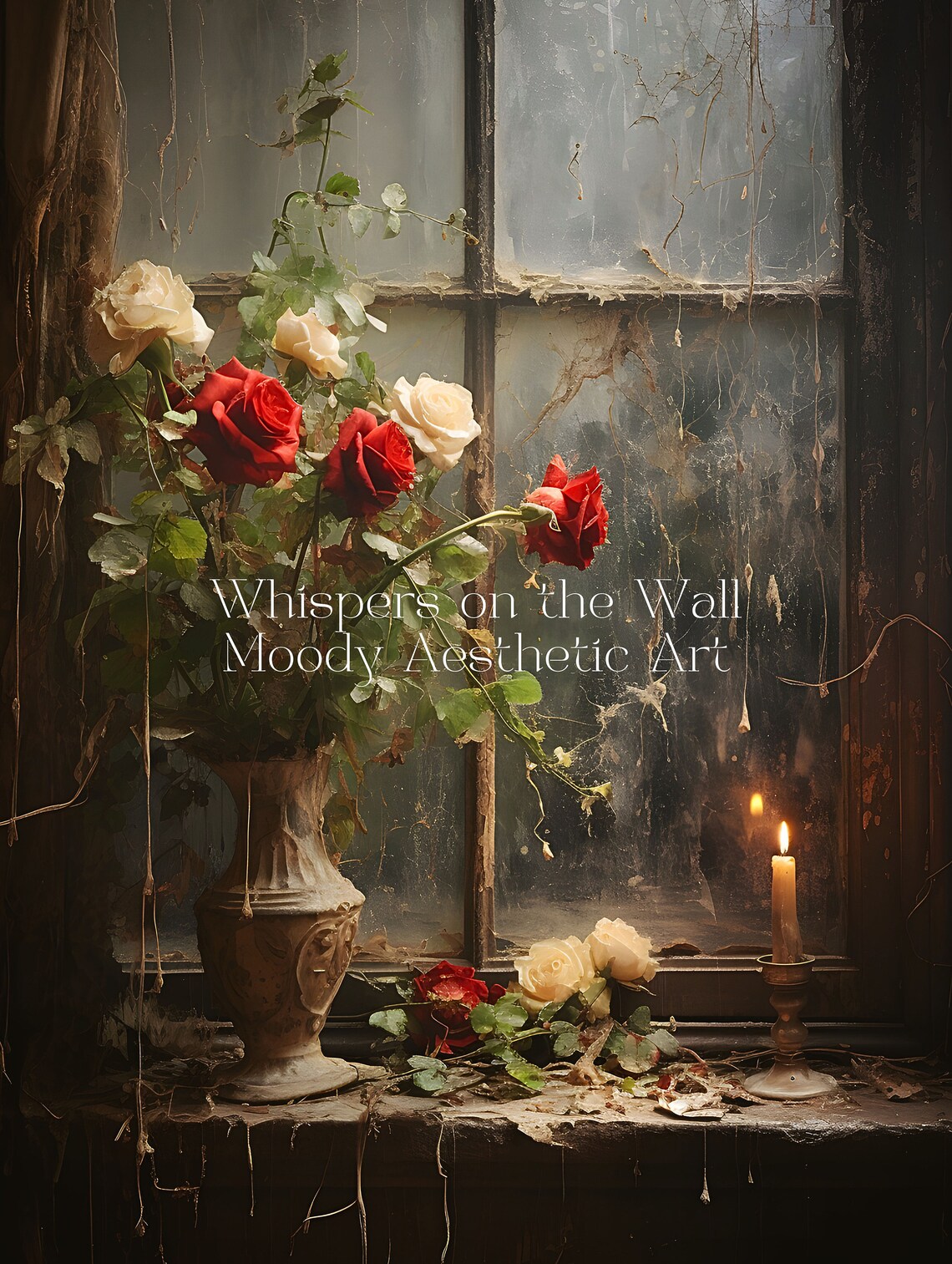 Red Roses in Vase Rainy Window Candle Moody Gothic Wall Poster - Image 6