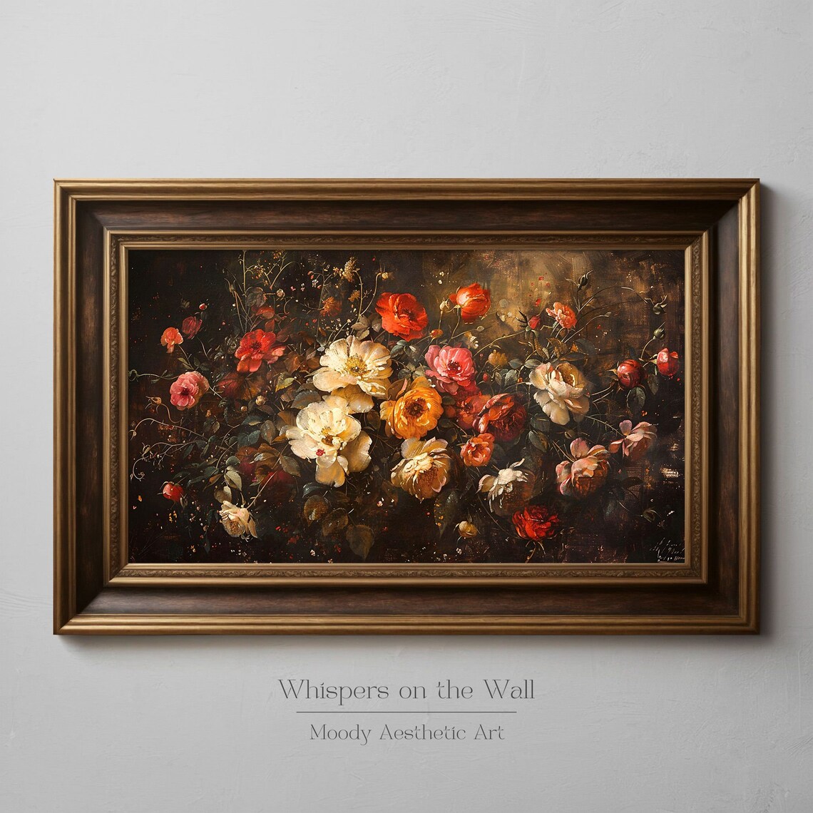 Dark Red Roses Bouquet Moody Floral Still Life Painting Poster - Image 6
