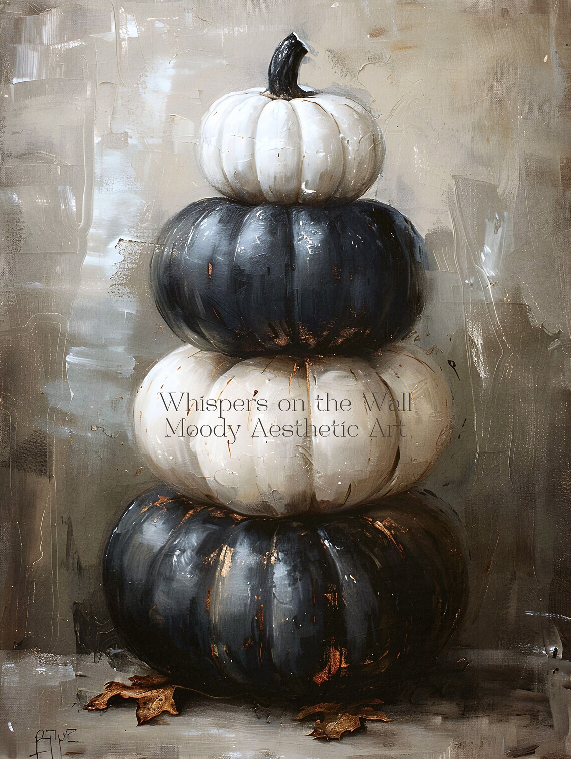 Tower of Stacked Black and White Pumpkins Fall Painting Poster - Image 5
