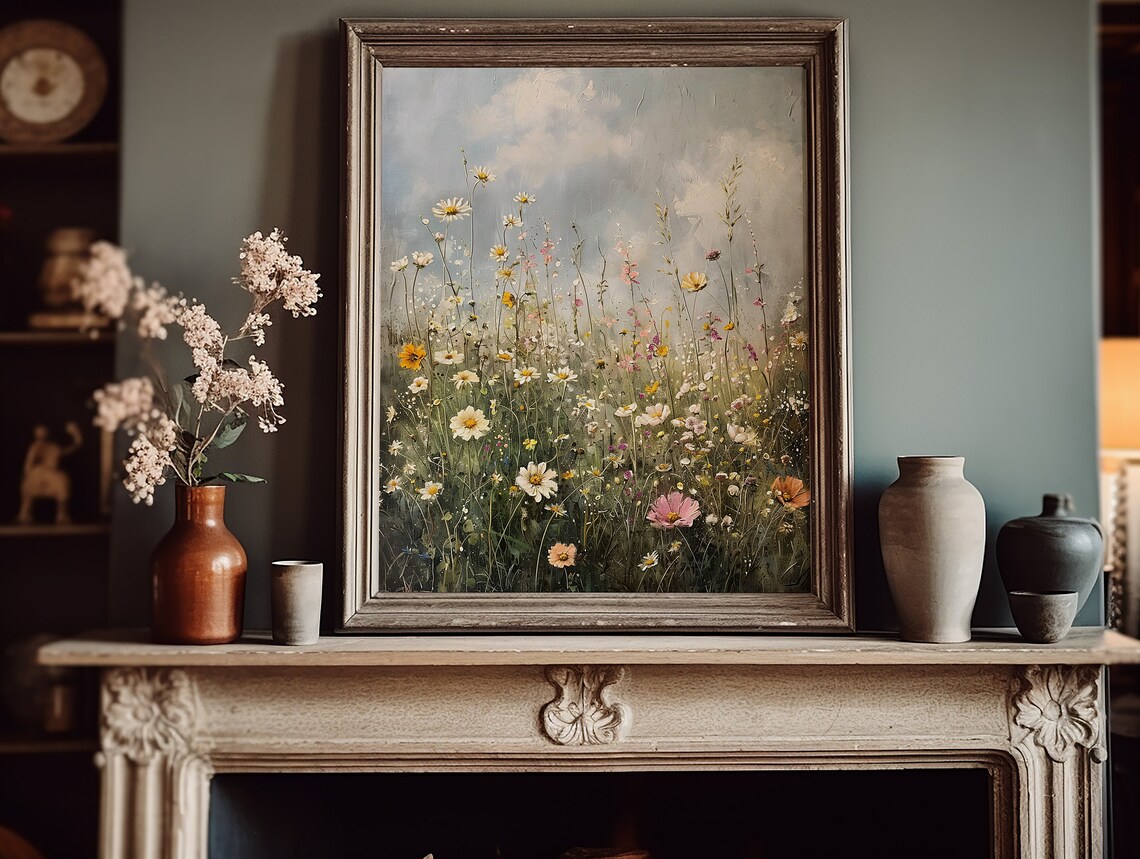 Summer Wildflower Field With Daisies And Cosmos Under Pale Sky Poster - Image 5
