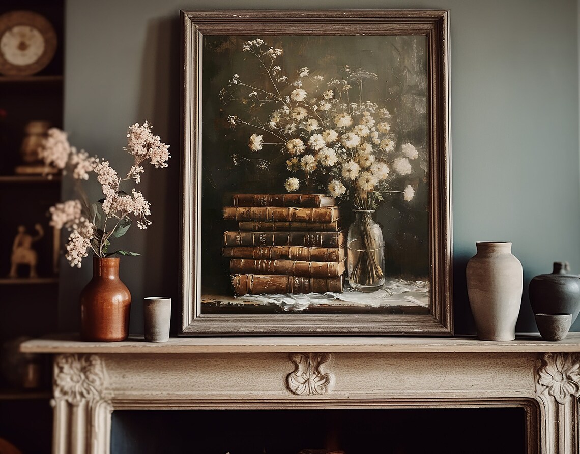 Antique Books and Wildflowers Moody Still Life Painting Poster - Image 6