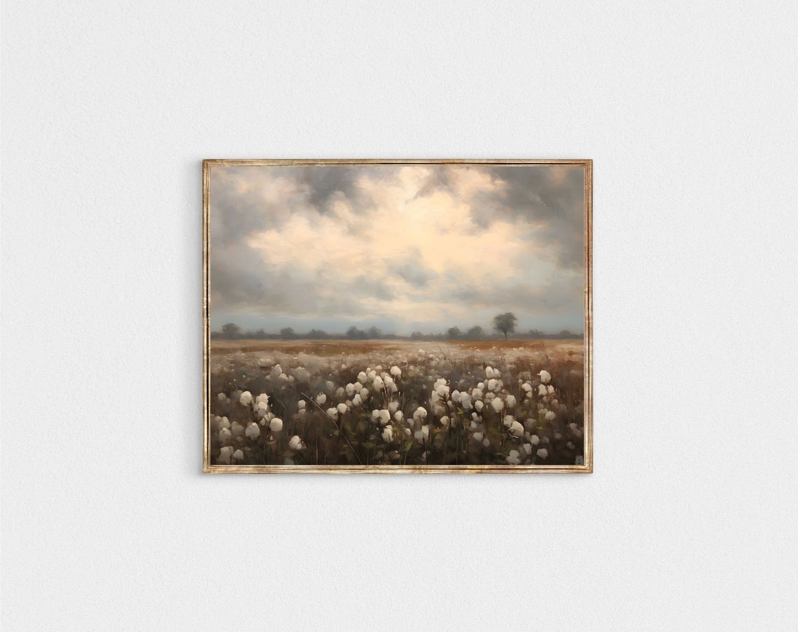 Country Cotton Field Landscape with Cloudy Sky Farmhouse Poster - Image 3