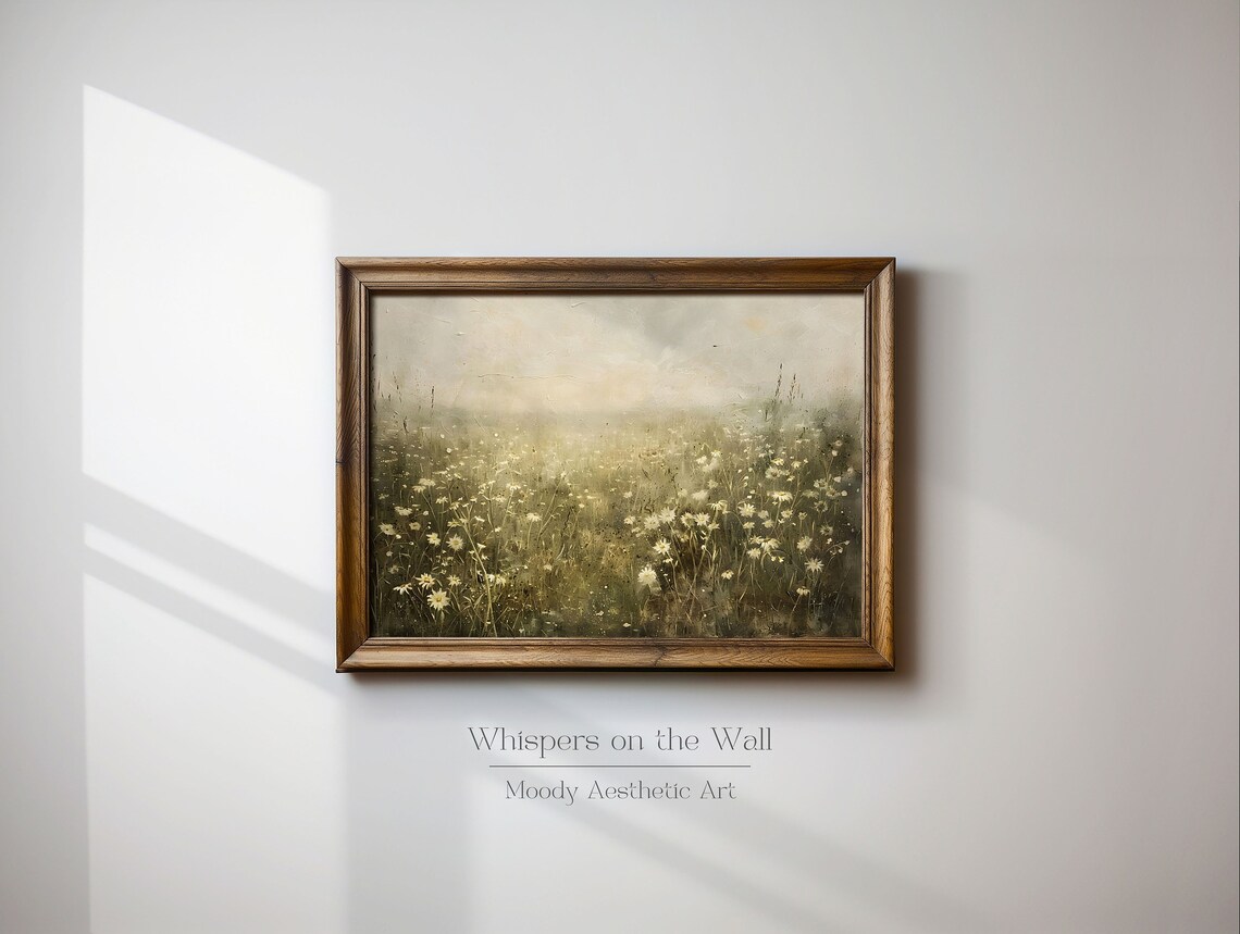 White Daisy Meadow Under Hazy Sky Moody Wildflower Landscape Painting Poster - Image 3
