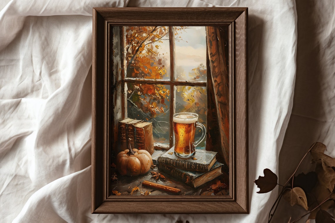 Pumpkin Beer by Window Autumn Cozy Oil Painting Fall Bookish Poster