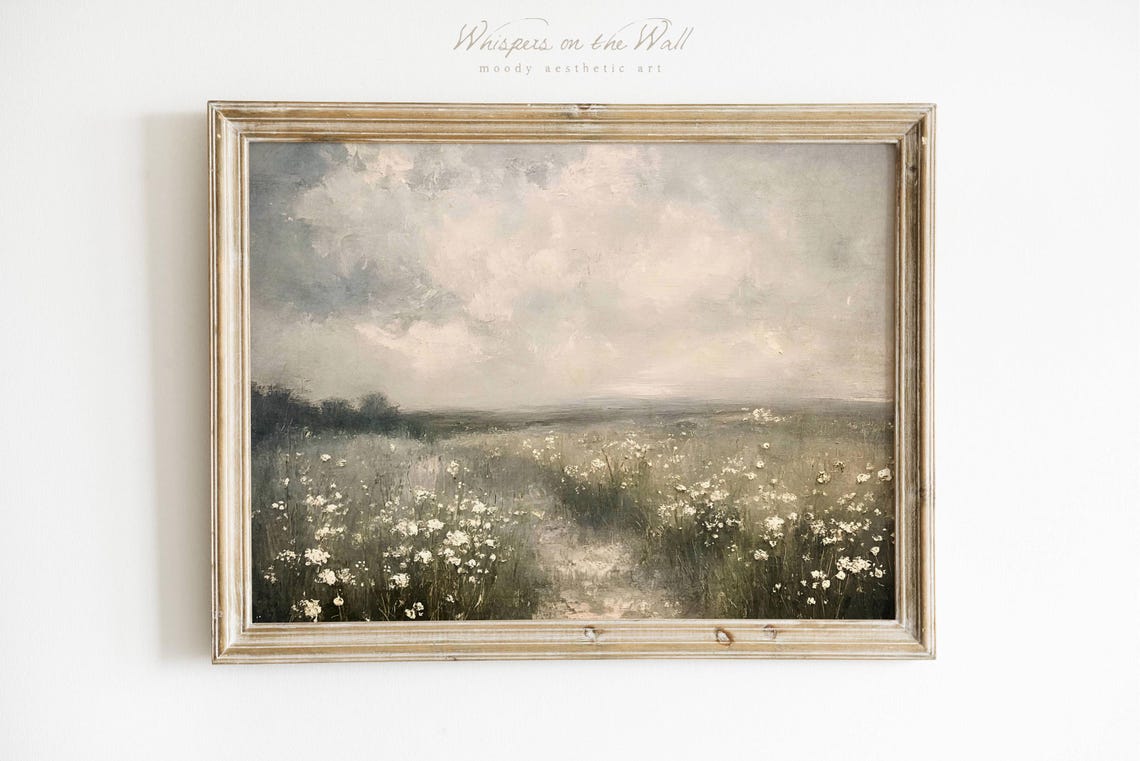 White Wildflower Meadow Under Soft Grey Clouds Vintage Poster