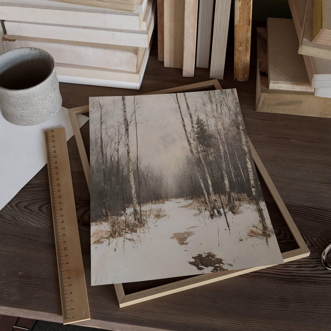Misty Bare Birch Forest Winter Path Snow Vintage Style Poster - Image 3