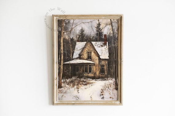 Snowy Cottage in Winter Woods Vintage Christmas Farmhouse Poster