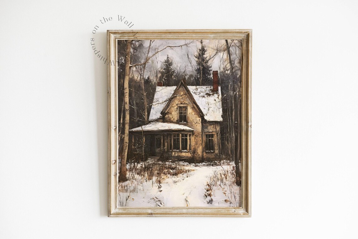 Snowy Cottage in Winter Woods Vintage Christmas Farmhouse Poster
