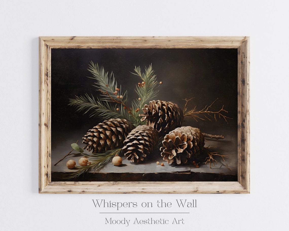 Pinecone Still Life Pine Branches Moody Dark Holiday Wall Poster - Image 2