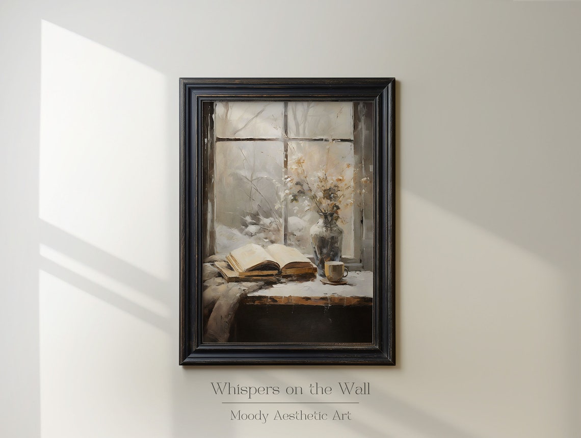 Muted Snowy Window View with Open Book and Tea Cup Cozy Art Poster - Image 2
