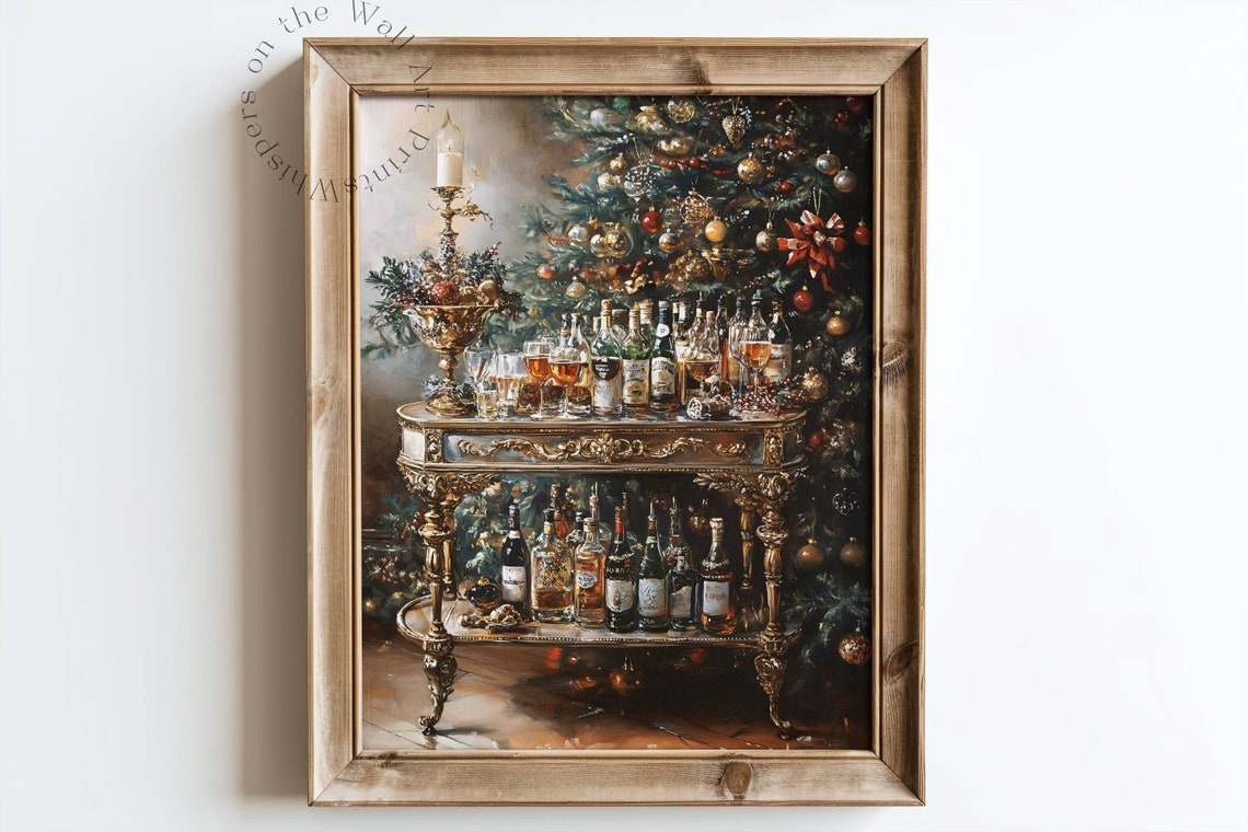 Christmas Bar Cart Wall Art Moody Xmas Oil Painting Art Bar Cart Decor Kitchen Art Print Winter Wall Art Moody Christmas Poster - Image 2