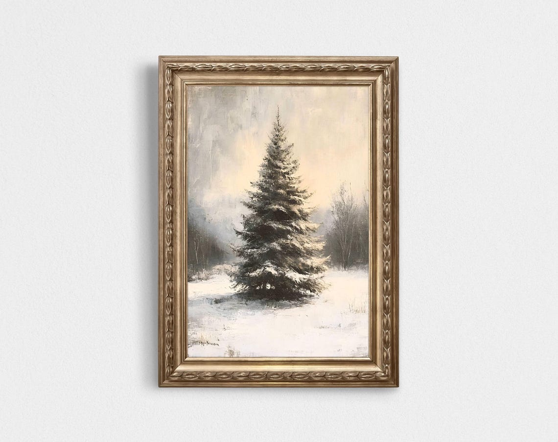 Lone Snow Covered Pine Tree In Misty Winter Field Vintage Poster - Image 6