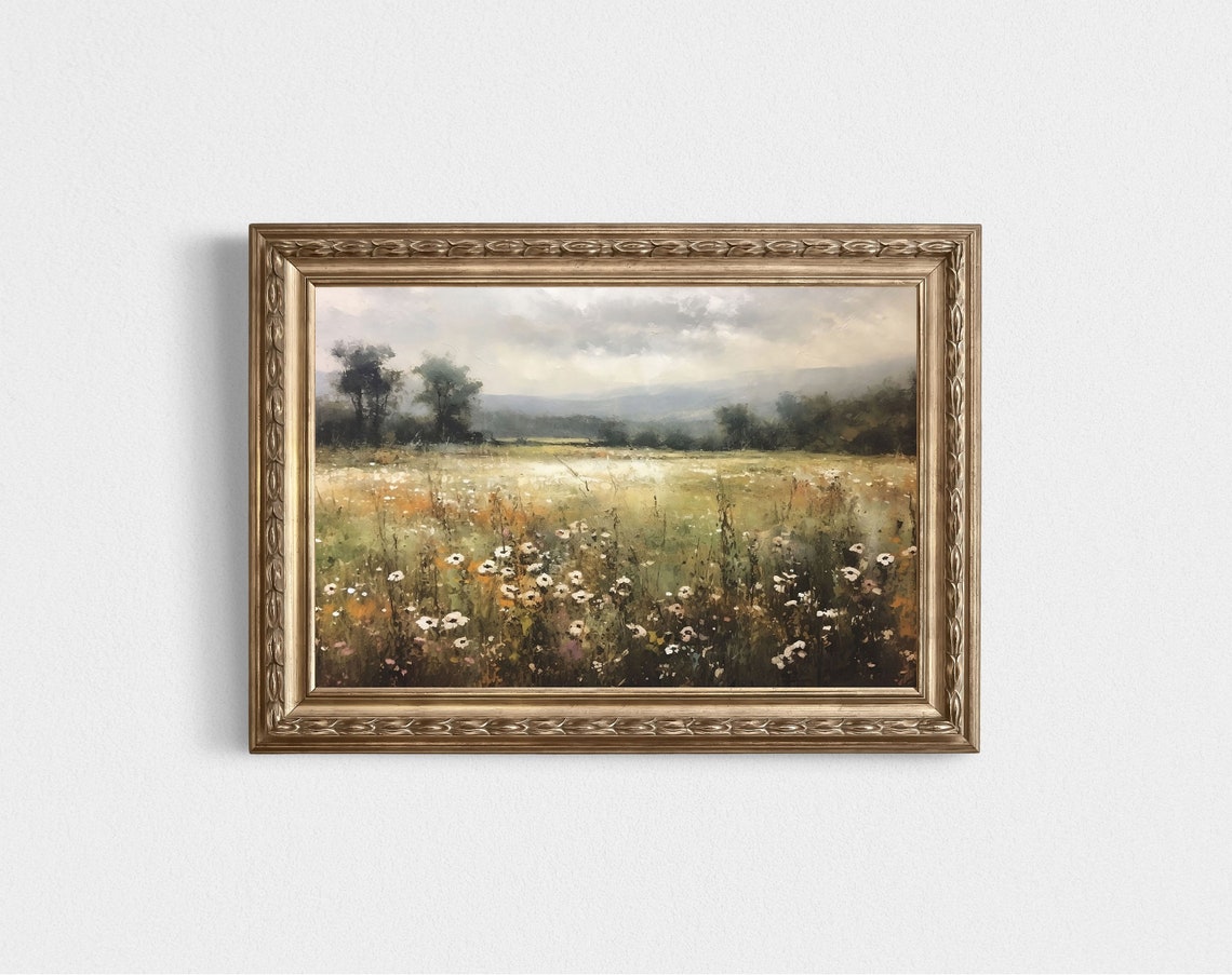 Wildflower Field Art Landscape Oil Painting Moody Floral Wall Art Vintage Wildflower Print Floral Living Room Wall Art 025 - Image 3