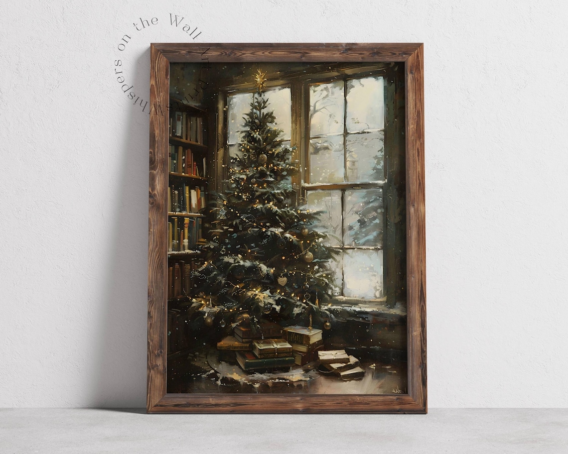 Christmas Tree in Cozy Library Window Bookish Holiday Oil Poster - Image 2