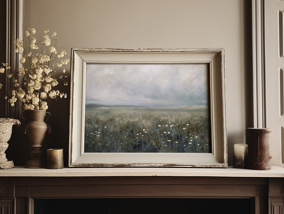 Wide Meadow Of Small White Flowers Under Cloudy Sky Landscape Poster - Image 6