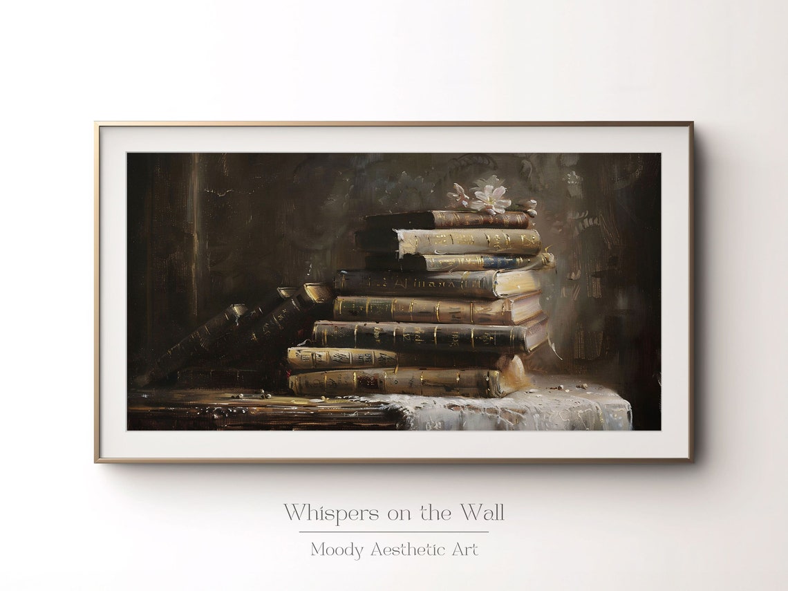 Old Leather Bound Books Still Life Moody Library Painting Poster - Image 3