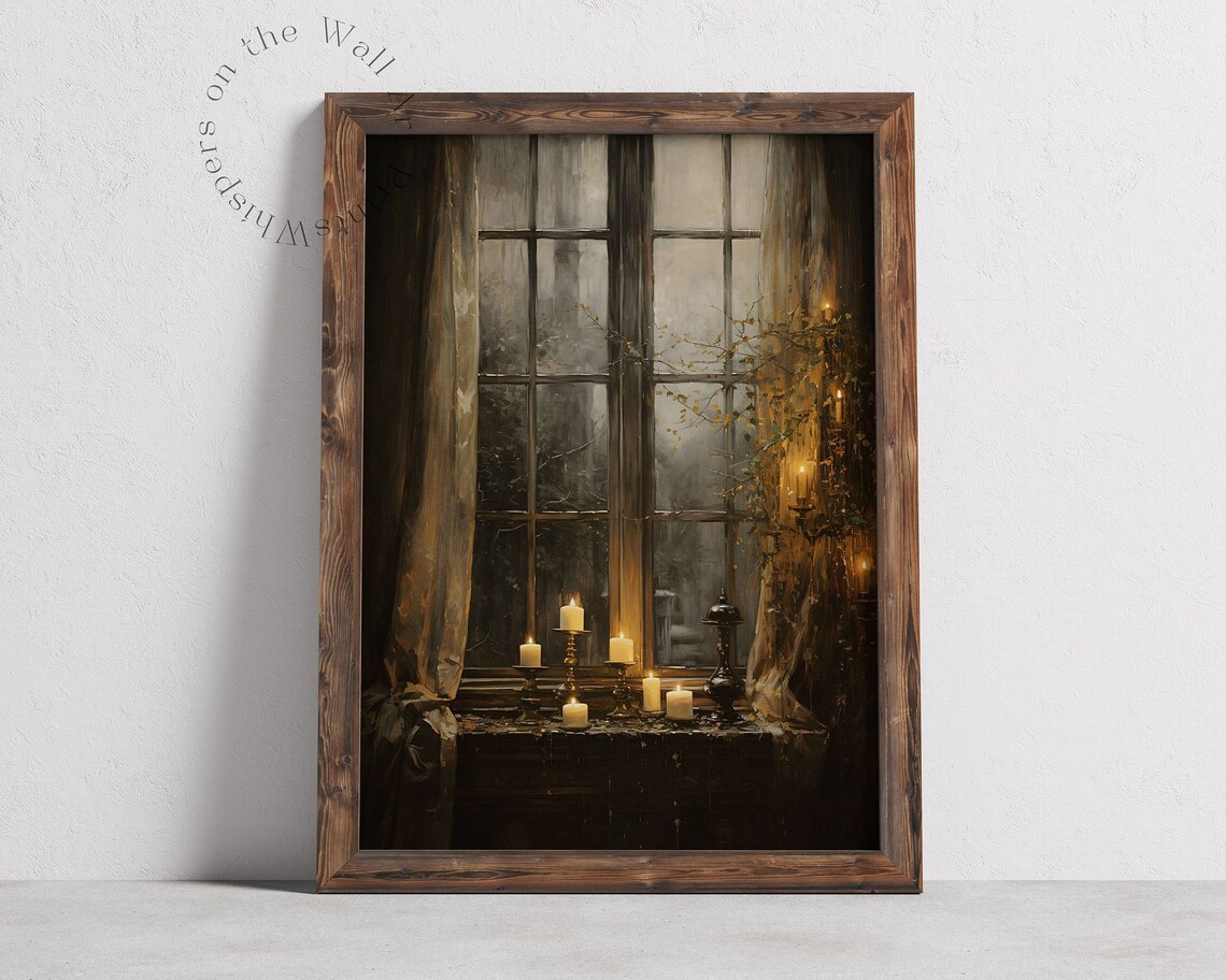 Moody Golden Candles on Rainy Window Sill Dark Academia Poster - Image 2