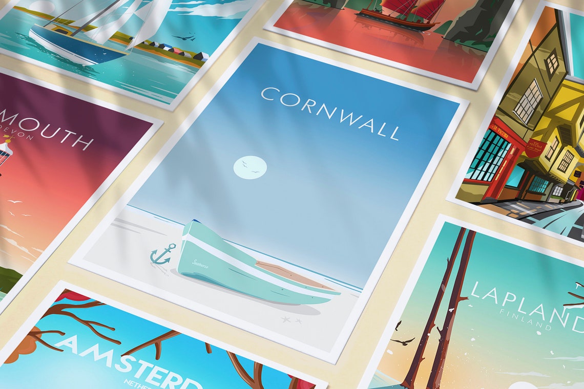 Cornwall Beach Rowing Boat and Anchor Minimalist Art View Poster - Image 3
