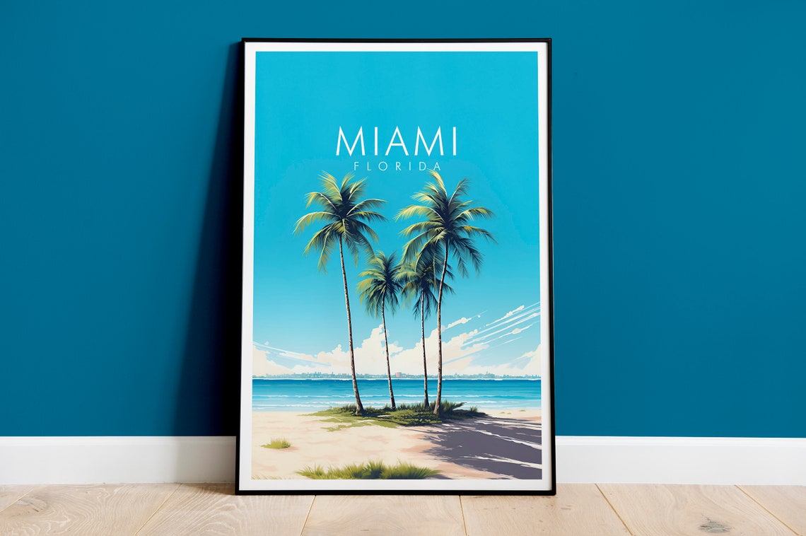 Miami Florida Palm Trees Beach Sunset Tropical Seaside Travel Poster