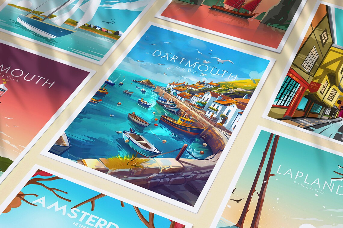 Dartmouth Devon Harbor Fishing Boats Village Seaside Coastal Poster - Image 3