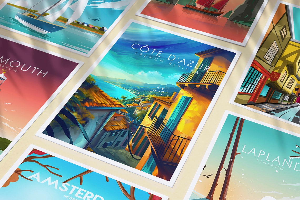 Cote d Azur French Riviera Hillside Village Bay Scene Poster - Image 3