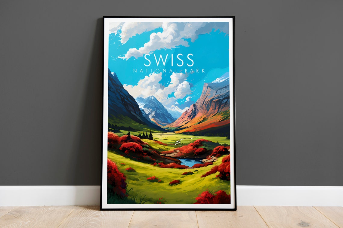 Swiss National Park Alpine Peaks Meadow Retro Mountain Art Poster