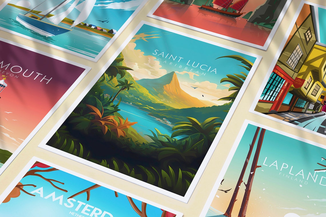 Saint Lucia Caribbean Tropical Lagoon Volcanic Hills Travel Poster - Image 3