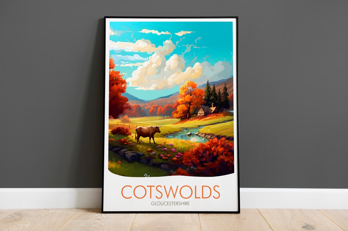 Cotswolds England Autumn Countryside Cow Stream Landscape Poster