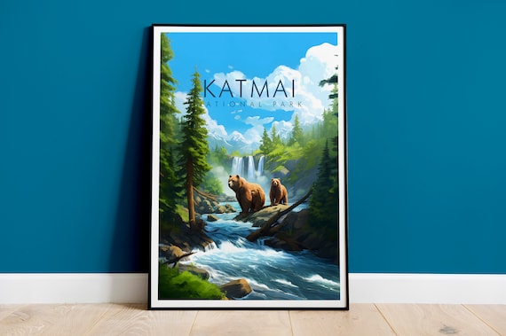 Katmai National Park Alaska Brown Bears Waterfall Poster Art