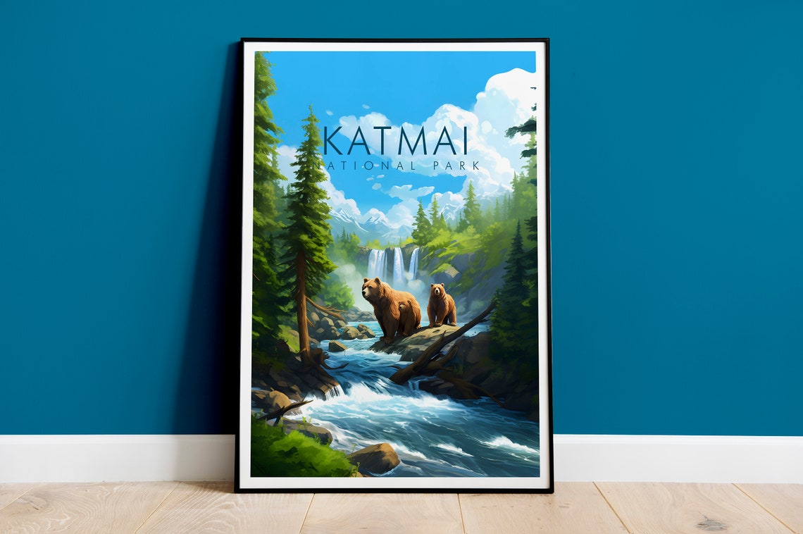 Katmai National Park Alaska Brown Bears Waterfall Poster Art