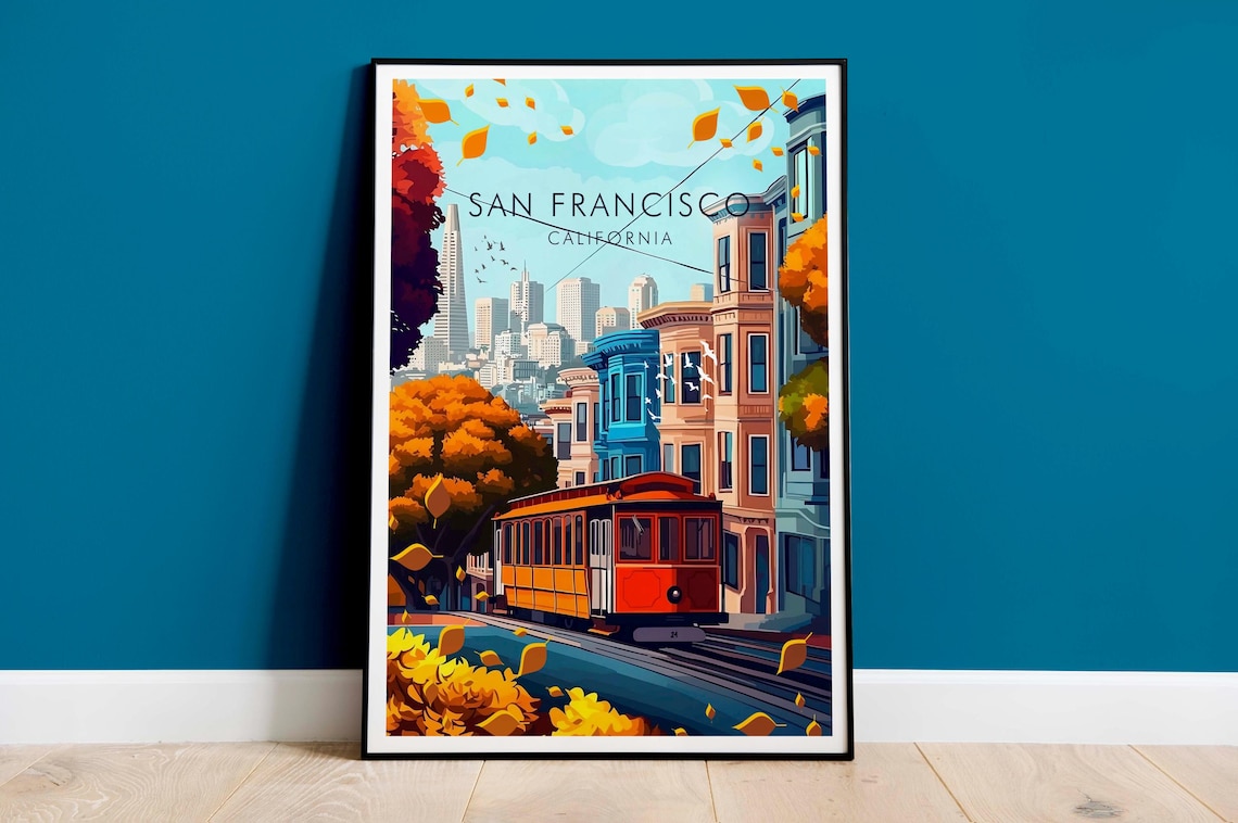 San Francisco California Cable Car Row Houses Vintage Travel Poster