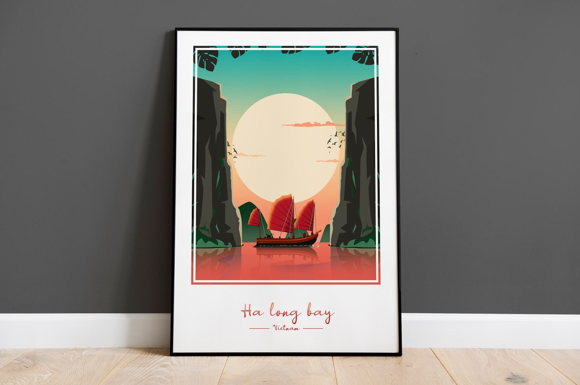 Ha Long Bay Vietnam Sunset Junk Boat Limestone Cliffs Poster