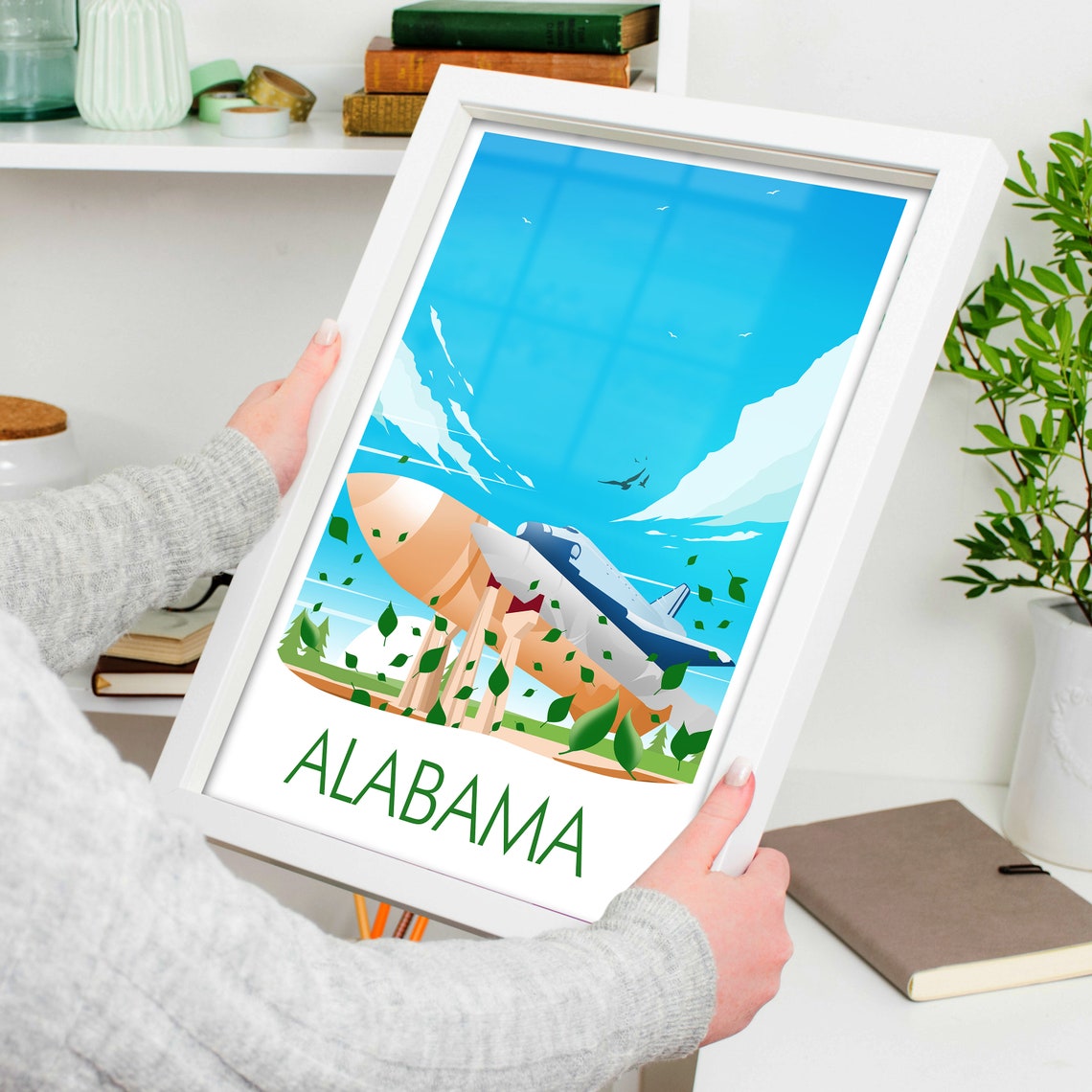 Alabama State Vintage Aircraft Space Center Skyline Travel Poster - Image 4