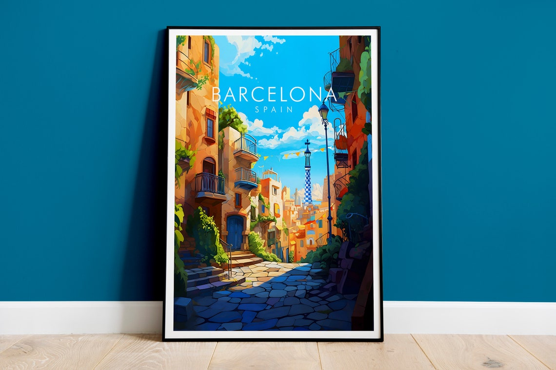 Barcelona Spain Old Town Cobblestone Street Balconies Travel Poster
