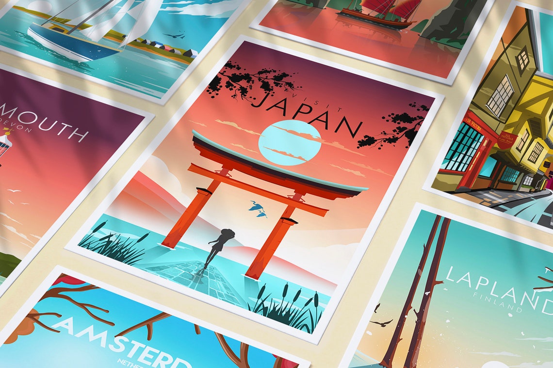 Japan Vermilion Torii Gate Sunset Moon Scene View Travel Poster - Image 3