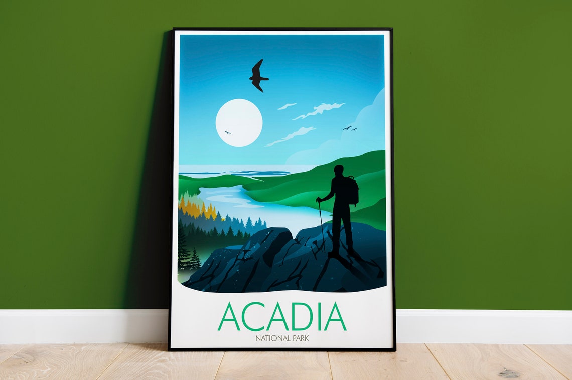 Acadia National Park Maine Hiker Summit Lake View Travel Poster