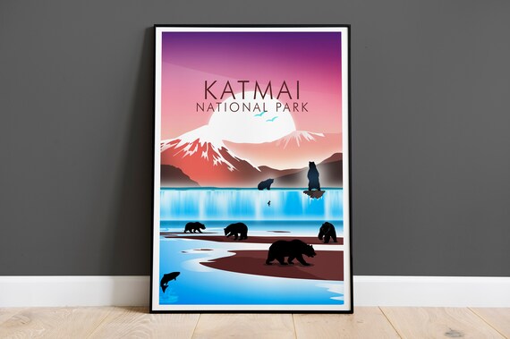 Katmai National Park Bears Salmon Falls Alaska Wilderness Nature Poster