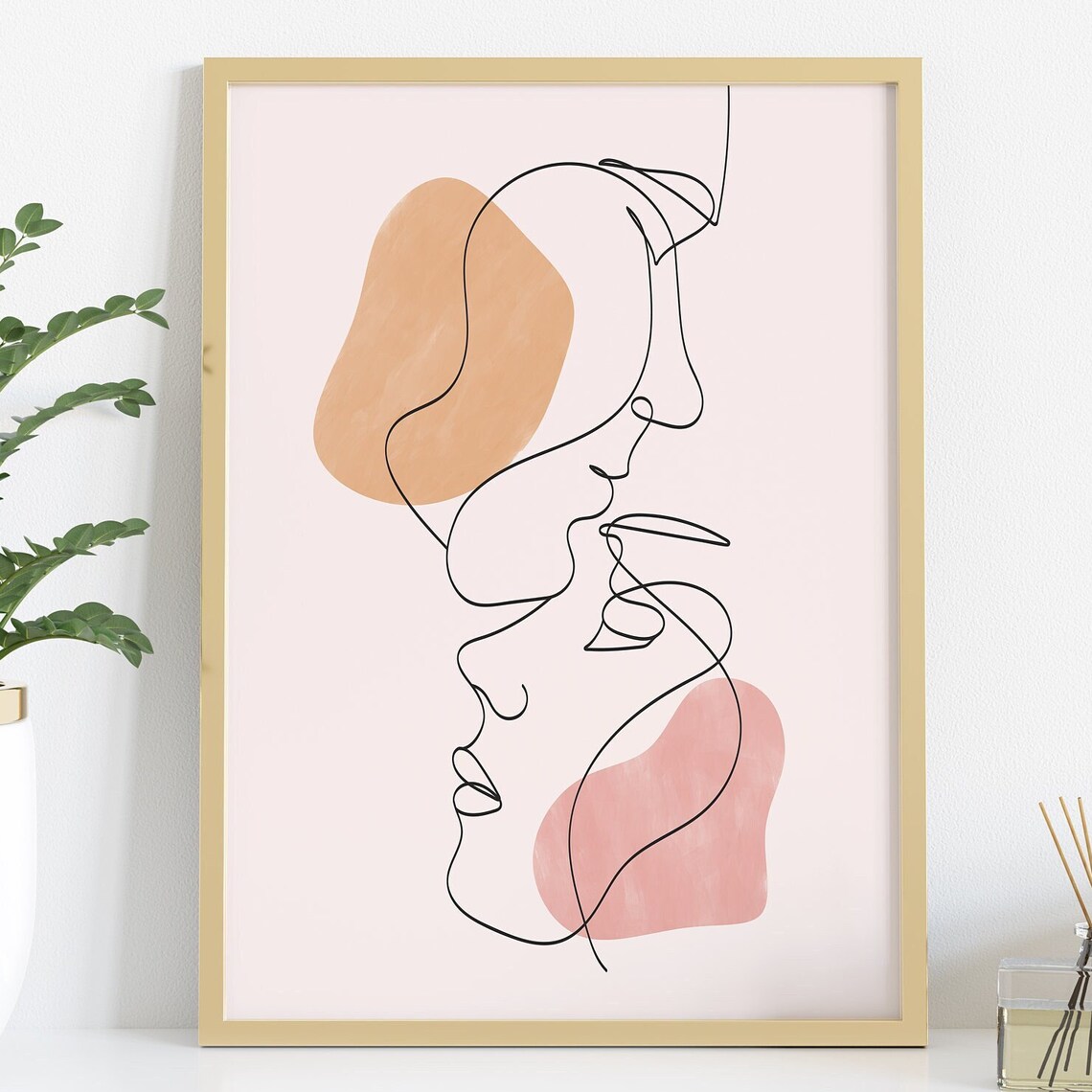 Romantic Couple One Line Art Faces Kissing Minimalist Poster