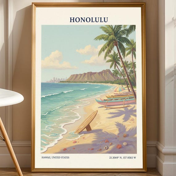 Honolulu Diamond Poster Tropical Art Print Teal And Beige Vintage Travel Hawaii Beach Scene Illustration Decor