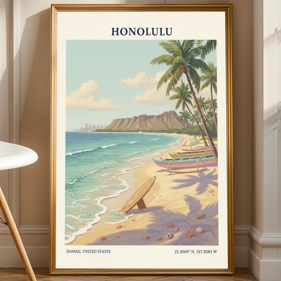 Honolulu Hawaii Diamond Head Waikiki Beach Surf Travel Poster