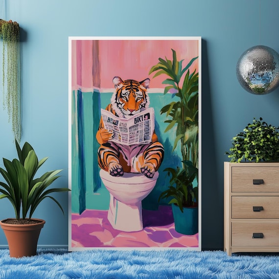 Tiger Poster Maximalist Bathroom Wall Art Trendy Toilet Decor Dopamine Pink Kitsch Preppy Print