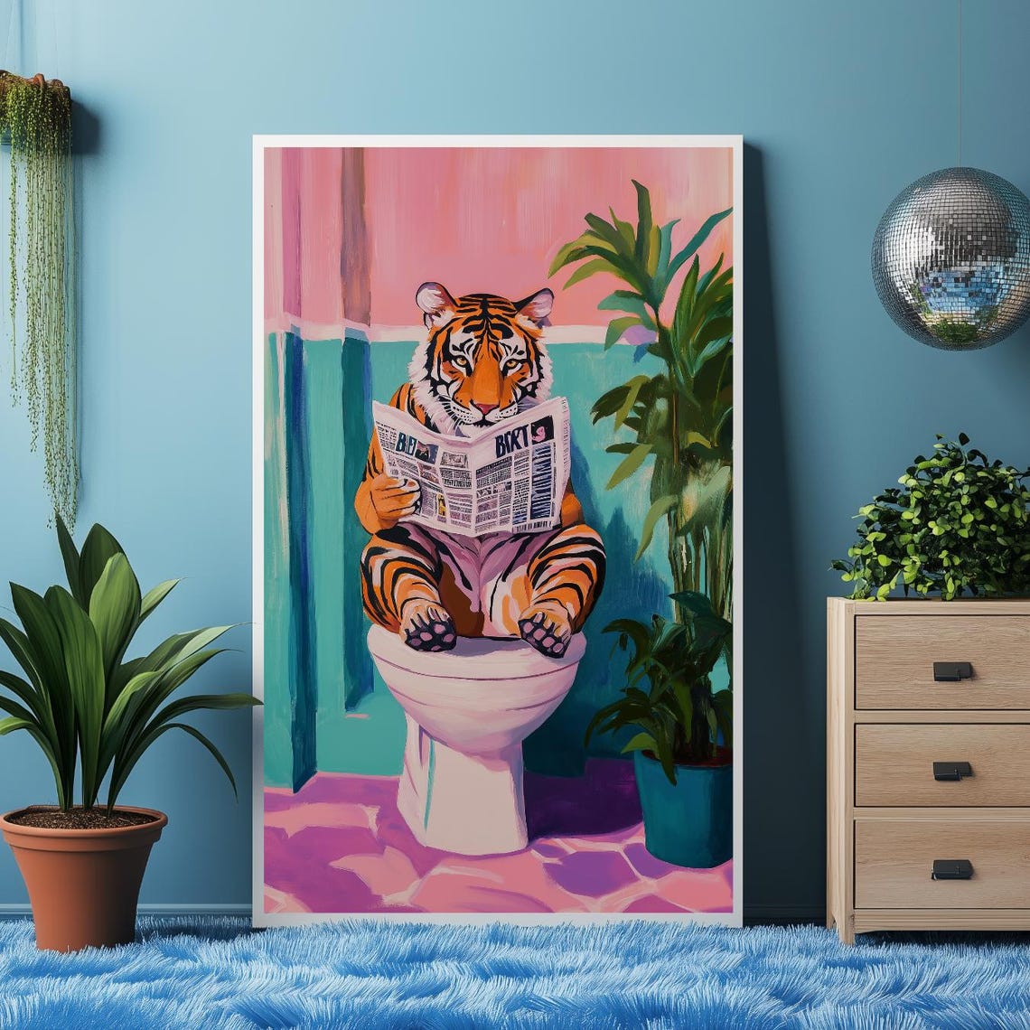 Funny Tiger Reading Newspaper On Toilet Pink Bathroom Wall Art