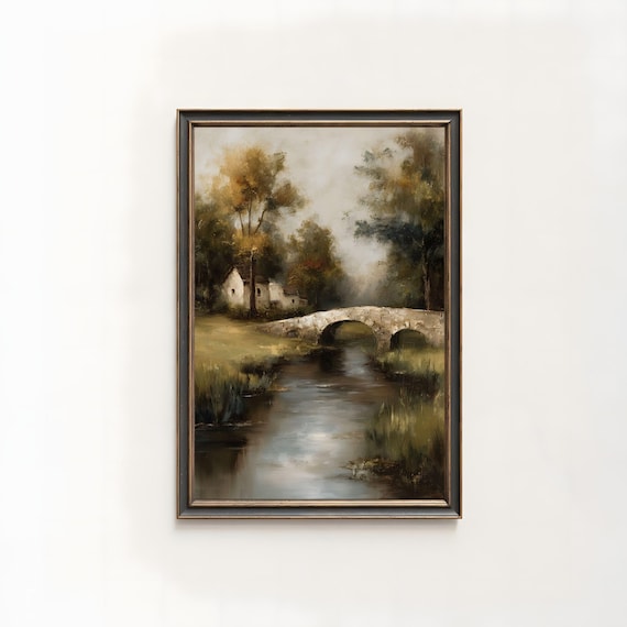 Old Stone Bridge River Cottage Moody French Country Oil Painting Poster