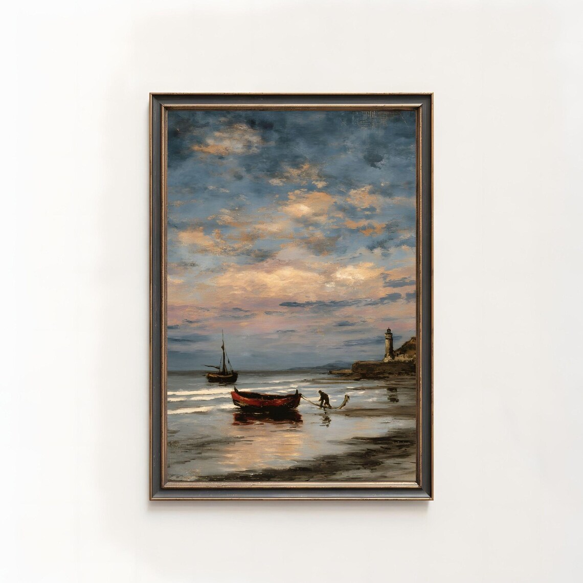 Vintage Lighthouse Seascape Fishing Boats Moody Coast Oil Painting Poster