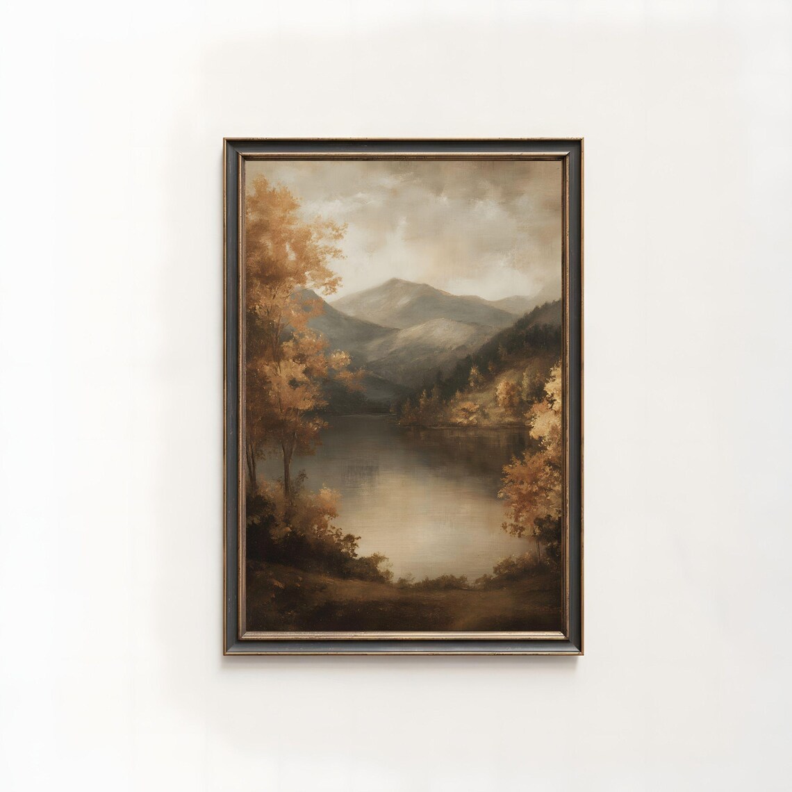 Autumn Lake Mountain Forest Oil Painting Vintage Fall Landscape Art 219