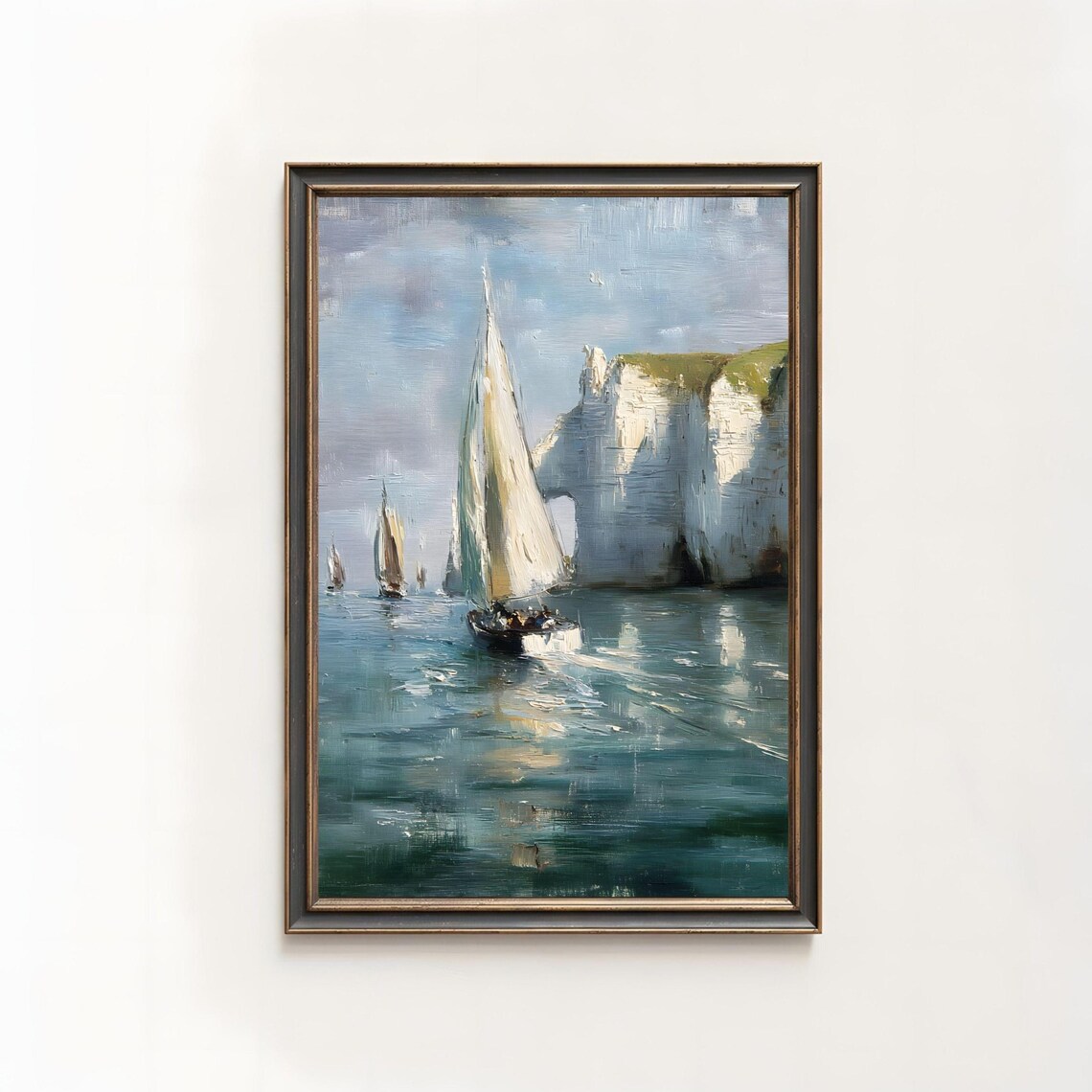 Sailboats by White Chalk Cliffs Coastal Seascape Oil Painting Print