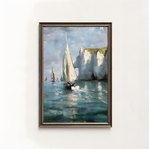 Sailboats by White Chalk Cliffs Coastal Seascape Oil Painting Print