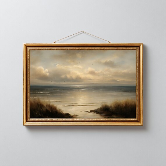 Golden Beach Dunes Warm Clouds Serene Vintage Oil Seascape Poster