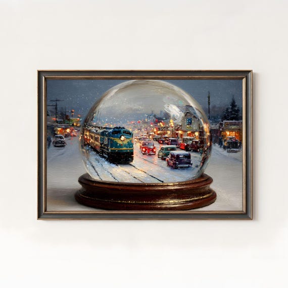 Christmas Snow Globe Train Vintage Holiday Town Scene Art Poster