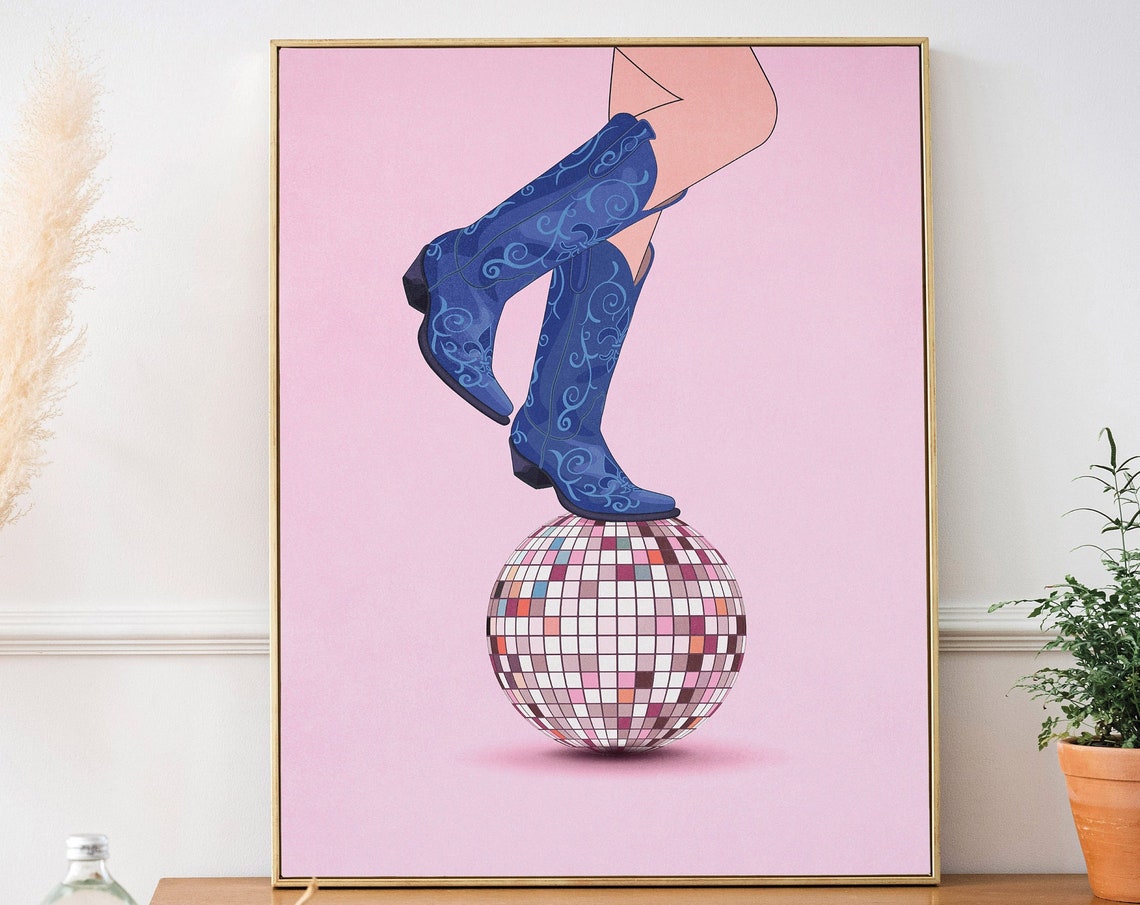 Coastal Cowgirl Art Disco Ball Decor Disco Party Decor Pink And Blue Disco Cowgirl Western Art Print Cowgirl Poster - Image 3
